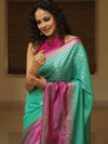 Banarasee Handwoven Semi Silk Saree With Stripes Design & Solid Border-Sea Green & Pink