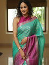 Banarasee Handwoven Semi Silk Saree With Stripes Design & Solid Border-Sea Green & Pink