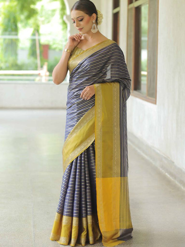 Banarasee Handwoven Semi Silk Saree With Stripes Design & Solid Border-Blue & Green