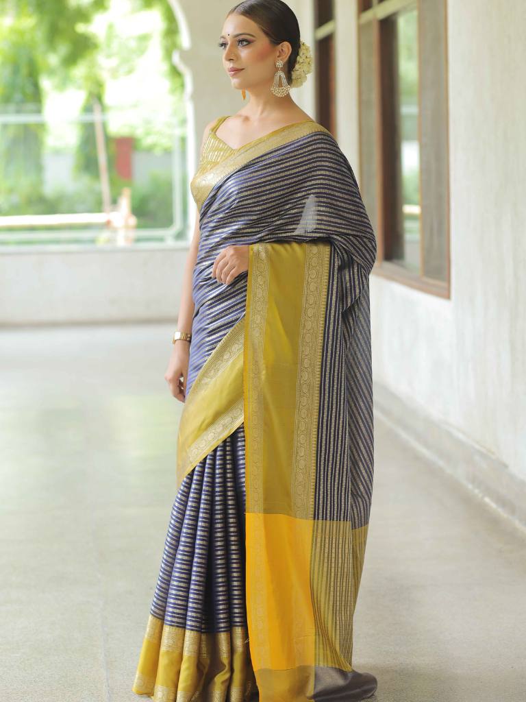 Banarasee Handwoven Semi Silk Saree With Stripes Design & Solid Border-Blue & Green