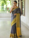 Banarasee Handwoven Semi Silk Saree With Stripes Design & Solid Border-Blue & Green