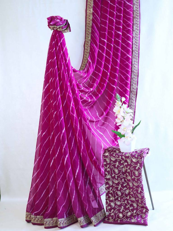 Banarasee Georgette Embroidered Lehariya Print Saree-Purple