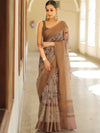 Banarasee Handloom Chanderi Digital Print Saree With Antique Zari Design-Brown