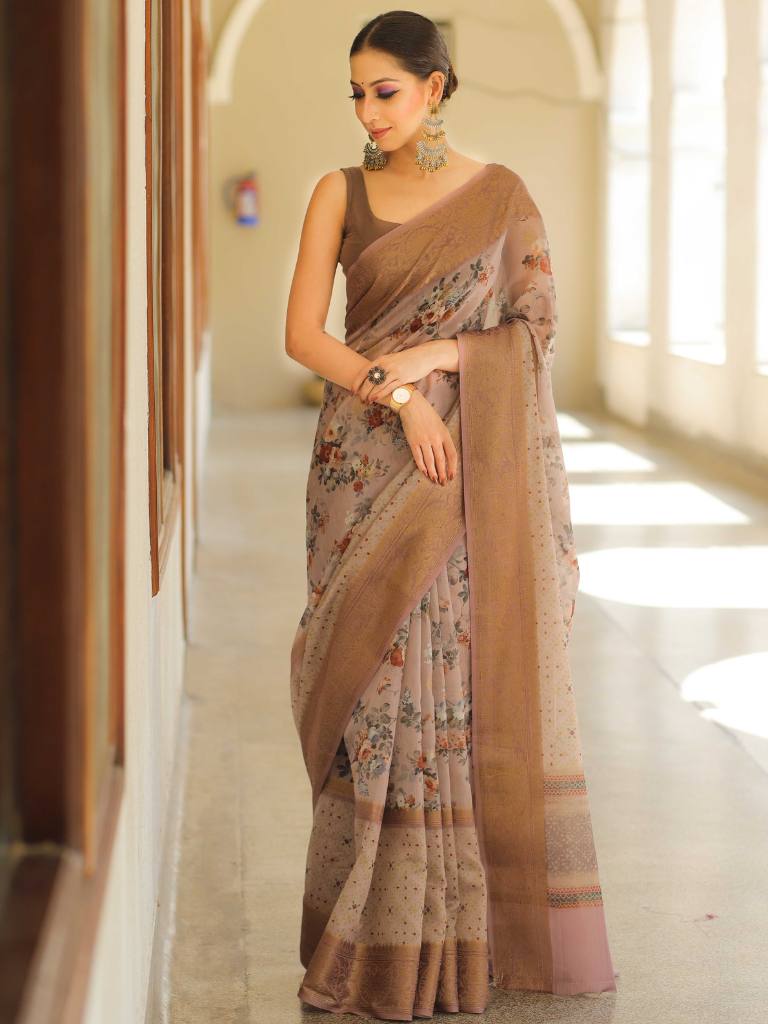 Banarasee Handloom Chanderi Digital Print Saree With Antique Zari Design-Brown
