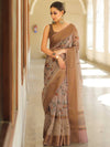 Banarasee Handloom Chanderi Digital Print Saree With Antique Zari Design-Brown