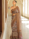 Banarasee Handloom Chanderi Digital Print Saree With Antique Zari Design-Brown