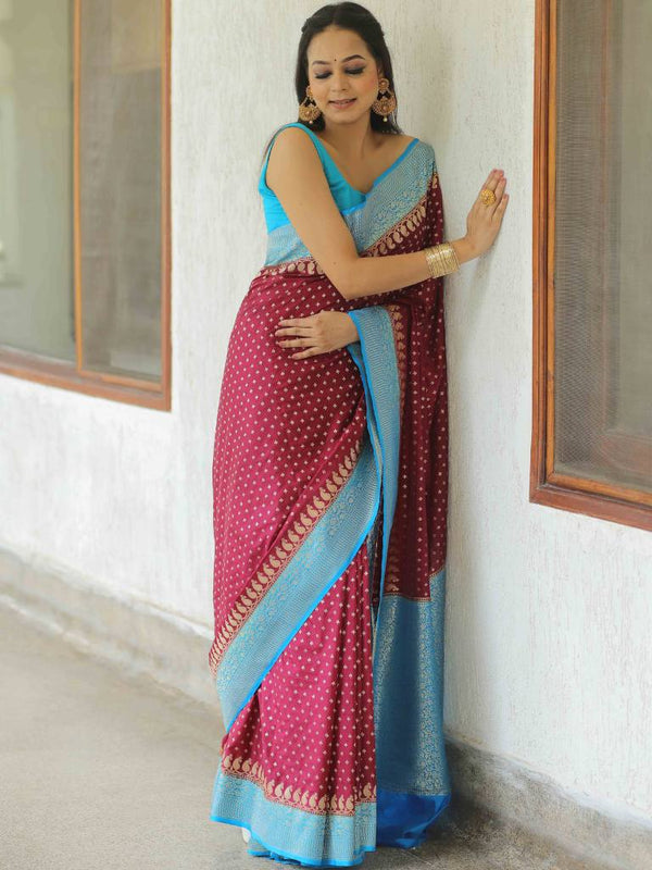 Banarasee Semi-Katan Zari Buta & Contrast Border Saree-Maroon & Blue