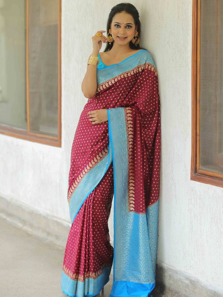 Banarasee Semi-Katan Zari Buta & Contrast Border Saree-Maroon & Blue