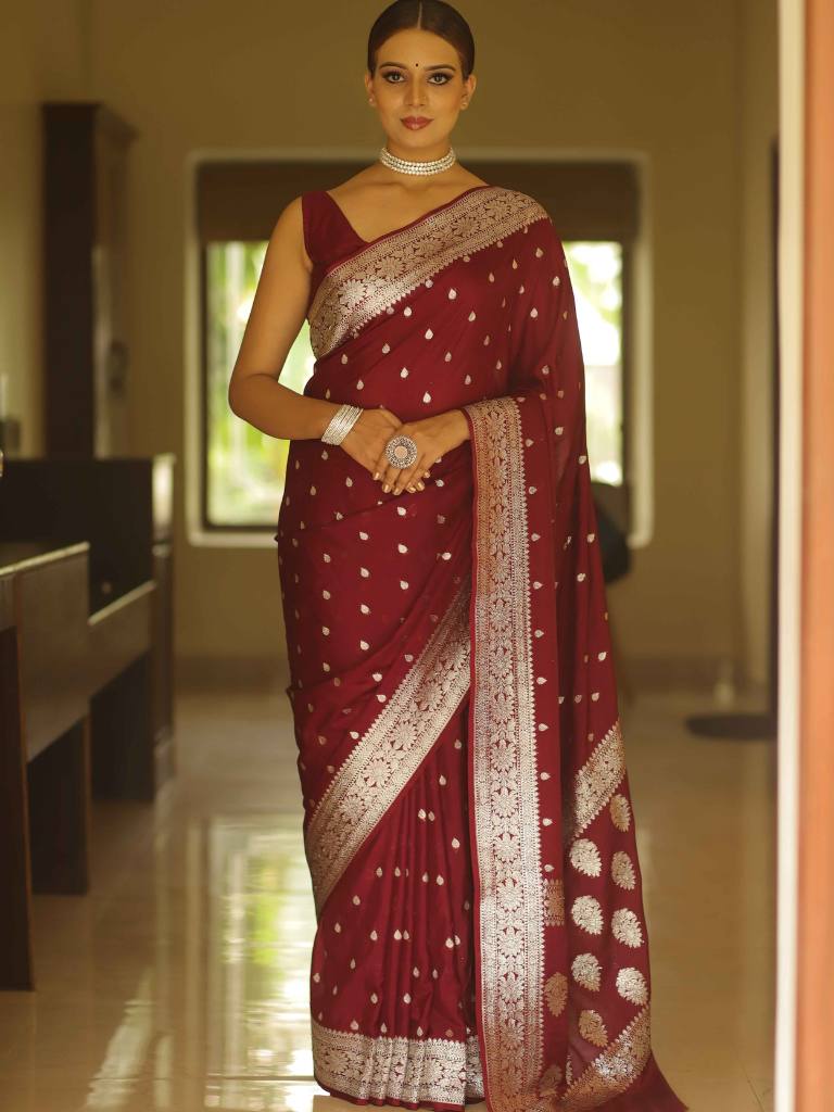 Banarasee Handwoven Faux Georgette Saree With Silver Zari Buti Design-Maroon
