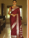 Banarasee Handwoven Faux Georgette Saree With Silver Zari Buti Design-Maroon