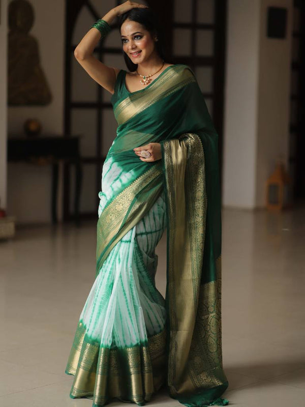 Banarasee Handwoven Semi Silk Saree With Shibori Work-Green & White