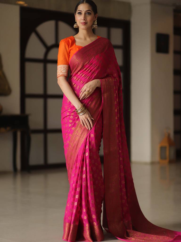 Banarasee Pure Chiffon Silk Saree With Antique Zari Work-Pink