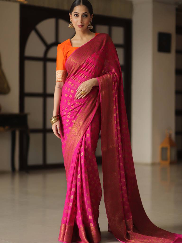 Banarasee Pure Chiffon Silk Saree With Antique Zari Work-Pink