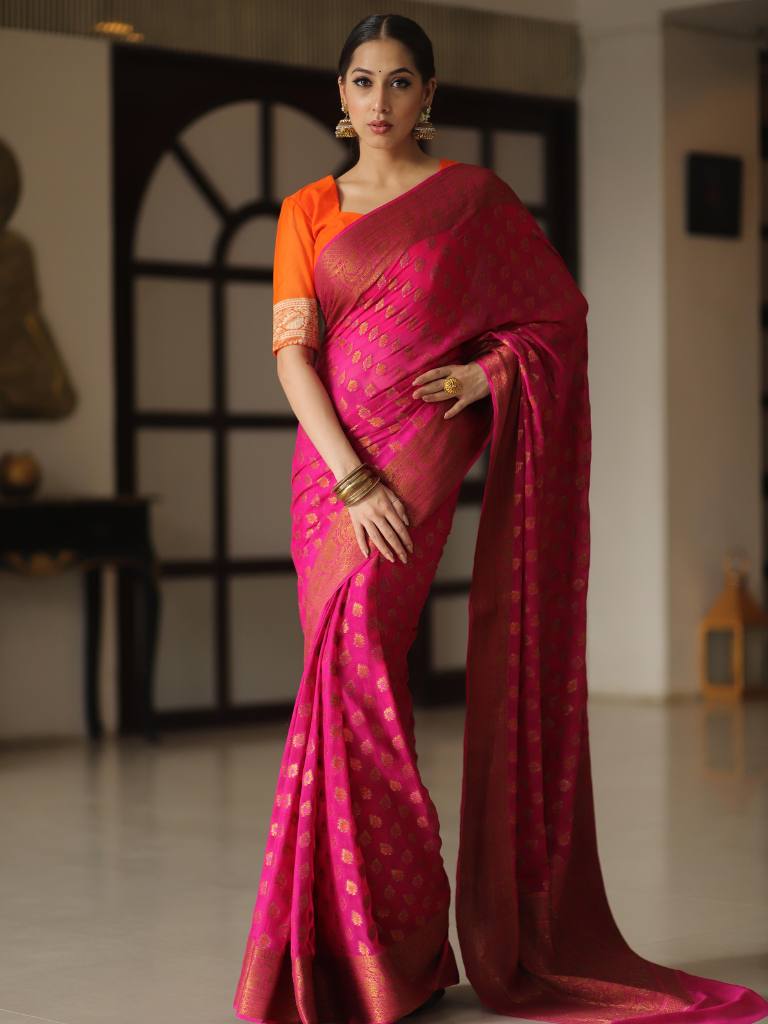 Banarasee Pure Chiffon Silk Saree With Antique Zari Work-Pink