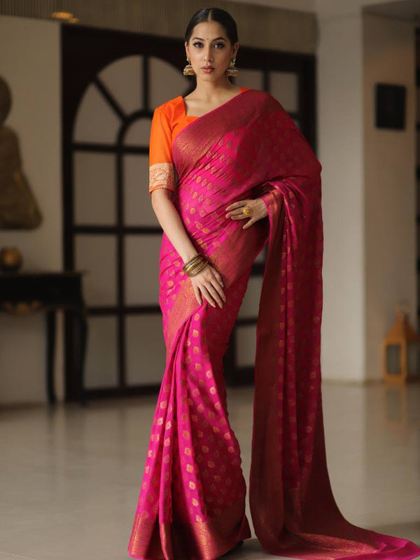 Banarasee Pure Chiffon Silk Saree With Antique Zari Work-Pink