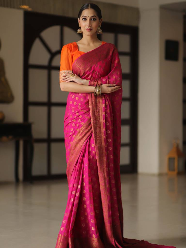 Banarasee Pure Chiffon Silk Saree With Antique Zari Work-Pink