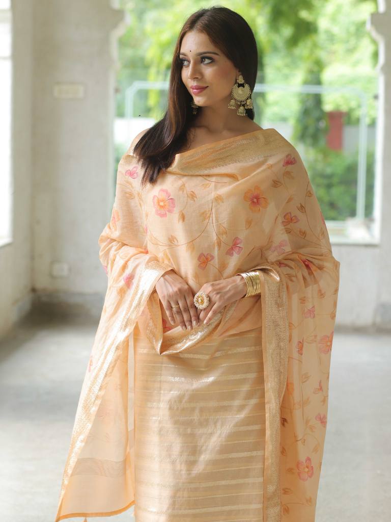 Banarasee Chanderi Cotton Zari Buti Salwar Kameez Fabric With Hand-Painted Dupatta-Peach