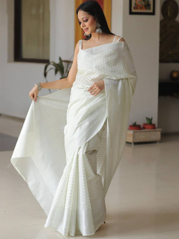 Banarasee Cotton Silk Floral Silver Zari Work Saree-White