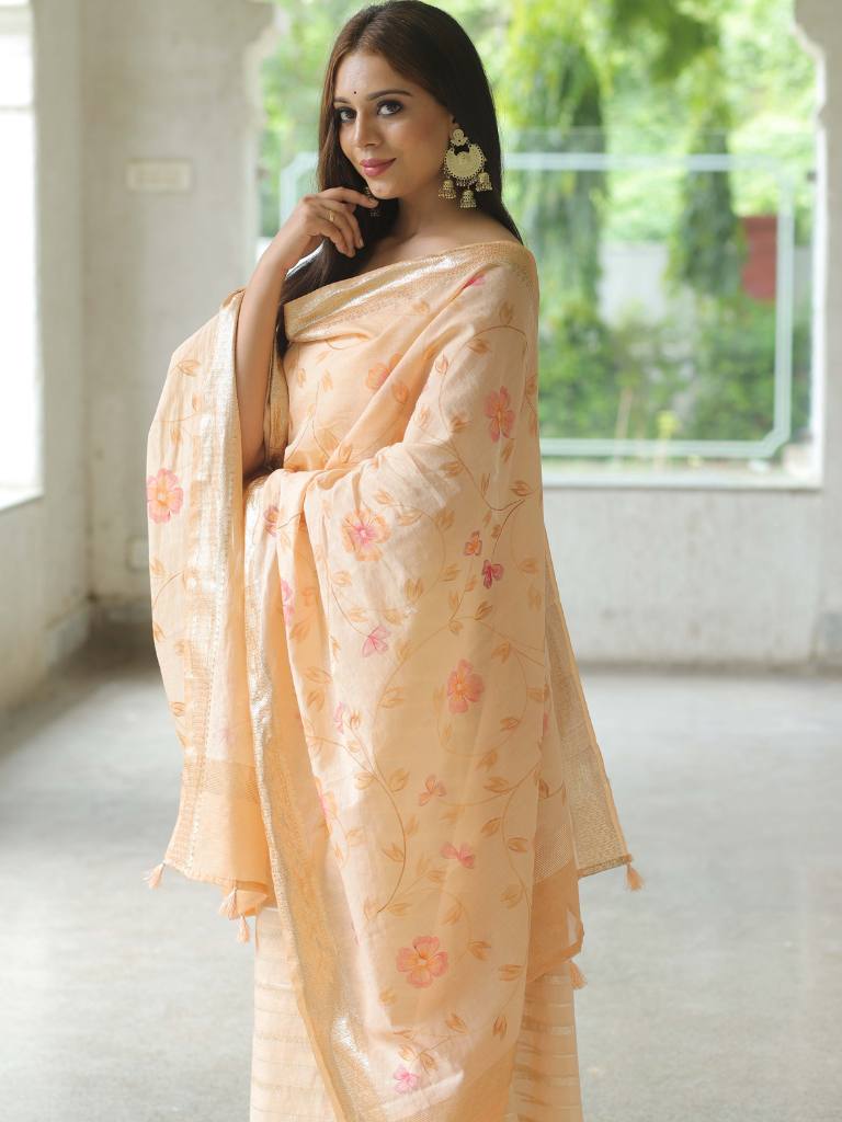 Banarasee Chanderi Cotton Zari Buti Salwar Kameez Fabric With Hand-Painted Dupatta-Peach