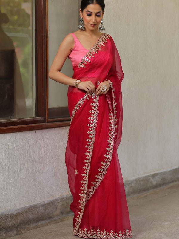 Banarasee Organza Silk Scallop Border Saree-Pink