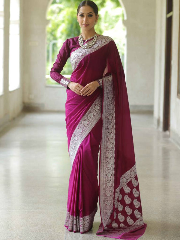 Banarasee Handwoven Faux Georgette Saree With Silver Zari Design-Violet