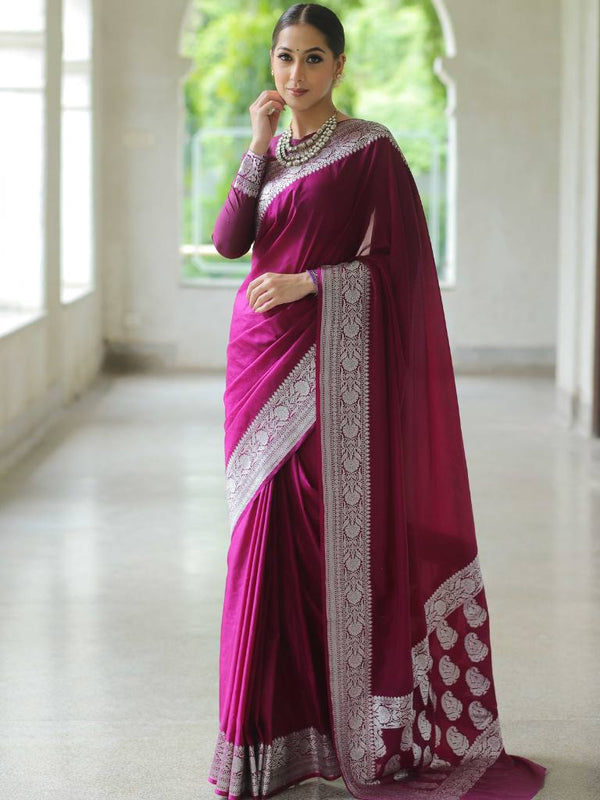 Banarasee Handwoven Faux Georgette Saree With Silver Zari Buti Design-Violet