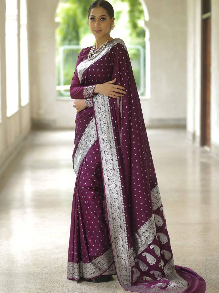 Banarasee Handwoven Faux Georgette Saree With Silver Zari Buti Design-Violet