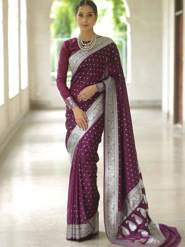 Banarasee Handwoven Faux Georgette Saree With Silver Zari Buti Design-Violet