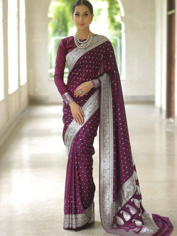 Banarasee Handwoven Faux Georgette Saree With Silver Zari Buti Design-Violet