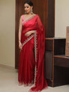 Banarasee Organza Silk Scallop Border Saree & Contrast Blouse-Maroon