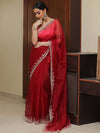 Banarasee Organza Silk Scallop Border Saree & Contrast Blouse-Maroon