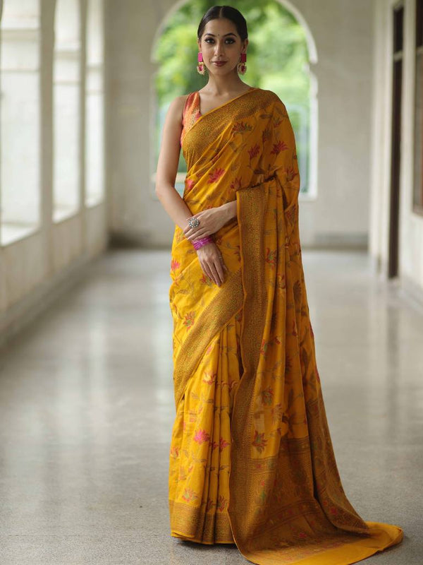 Banarasee Pure Handloom Muga Silk Saree With Zari & Gold Weaving-Mustard Yellow