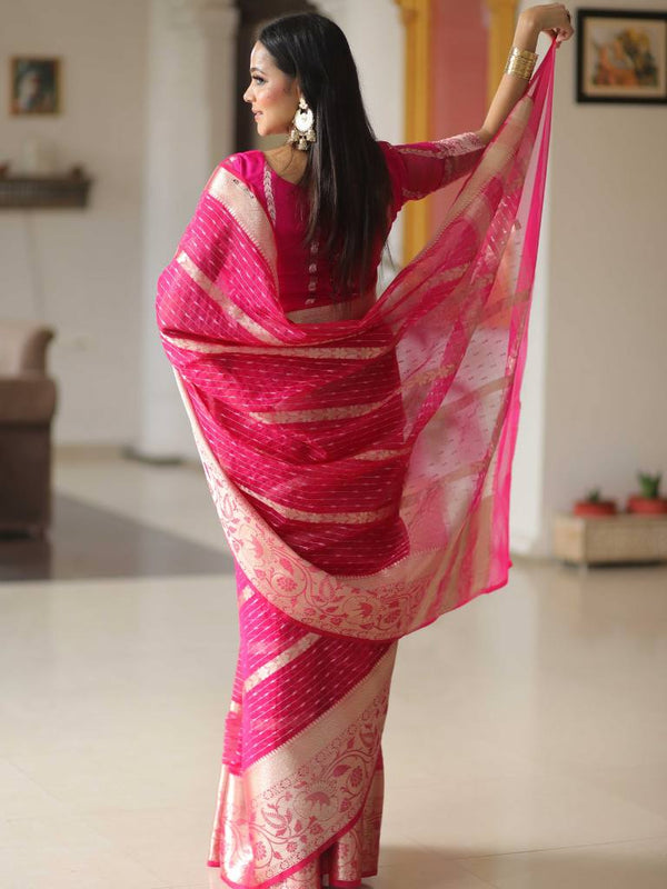Banarasee Organza Mix Saree With Stripes Design & Broad Border-Pink