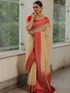 Banarasee Organza Silk Saree With Zari Motifs & Contrast Border-Beige & Red
