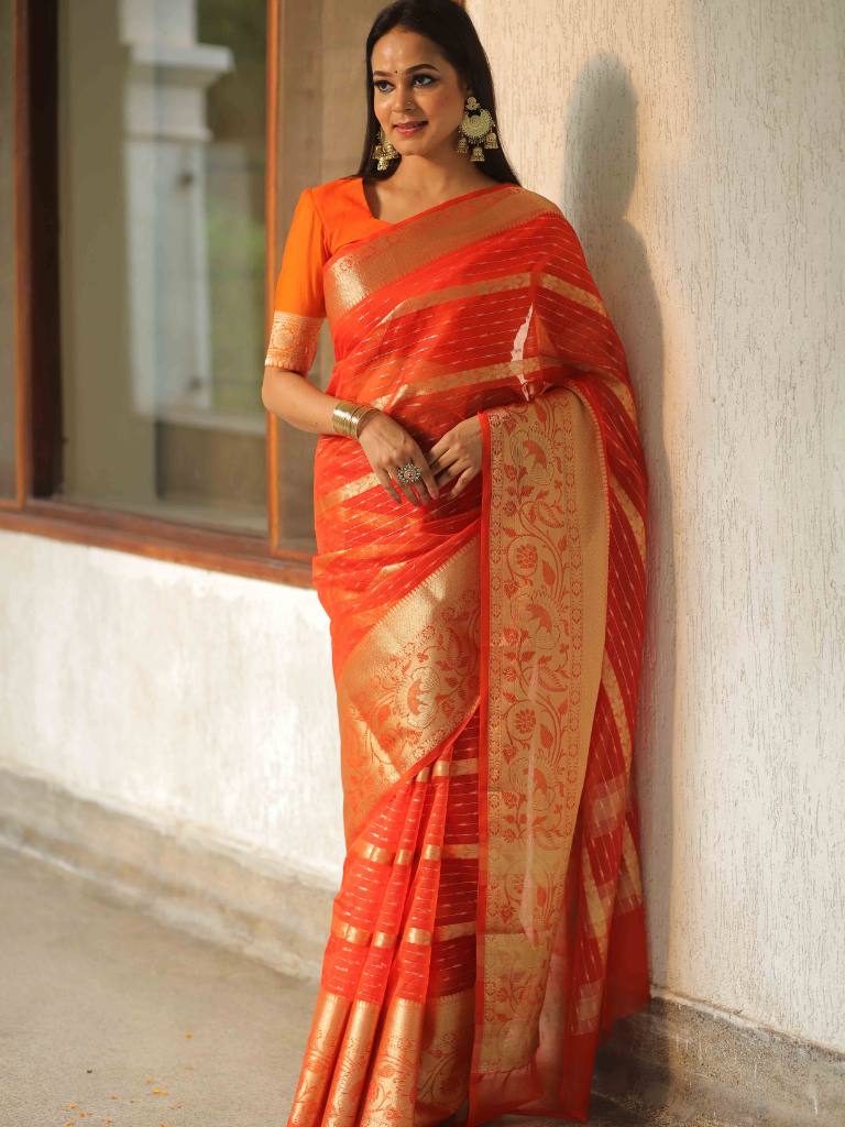 Banarasee Organza Mix Saree With Stripes Design & Broad Border-Orange
