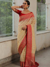 Banarasee Organza Silk Saree With Zari Motifs & Contrast Border-Beige & Red