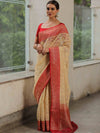 Banarasee Organza Silk Saree With Zari Motifs & Contrast Border-Beige & Red