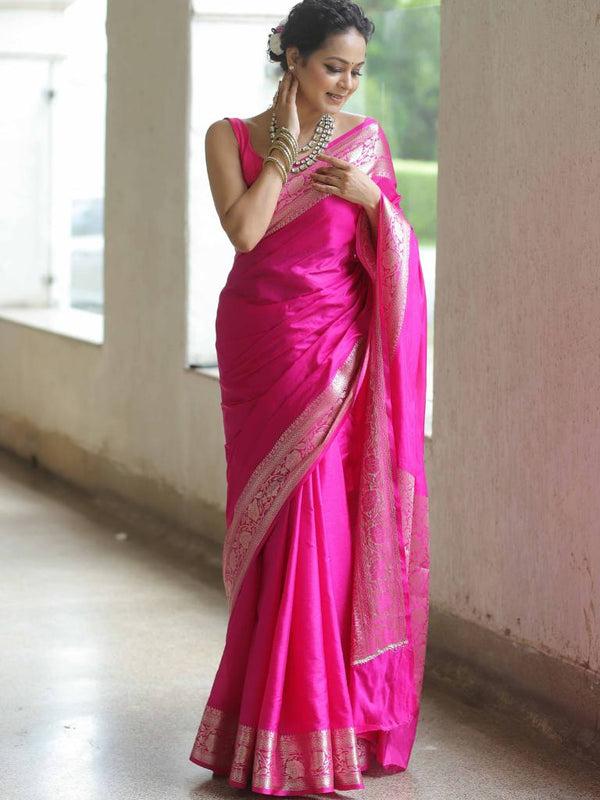 Banarasee Handwoven Semi Silk Saree With Silver Zari Border-Pink