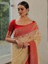 Banarasee Organza Silk Saree With Zari Motifs & Contrast Border-Beige & Red