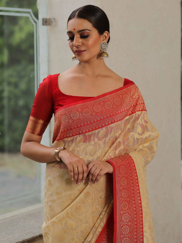 Banarasee Organza Silk Saree With Zari Motifs & Contrast Border-Beige & Red