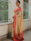Banarasee Organza Silk Saree With Zari Motifs & Contrast Border-Beige & Red