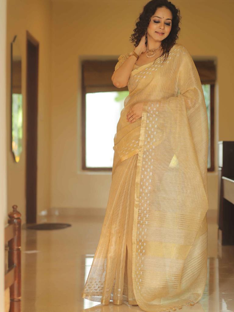 Banarasee Linen Tissue Sona Rupa Zari Work Saree-Gold