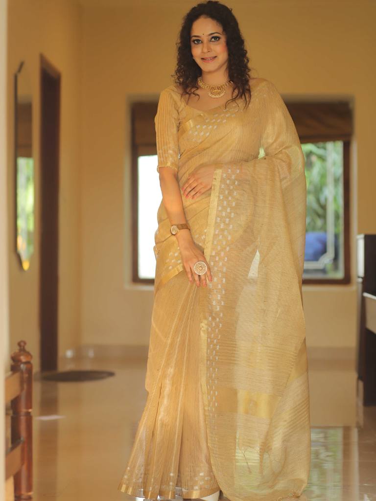 Banarasee Linen Tissue Sona Rupa Zari Work Saree-Gold