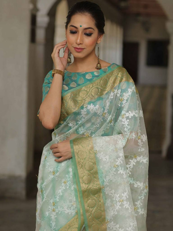 Banarasee Handwoven Organza Silk With Embroidered Saree-Green & White