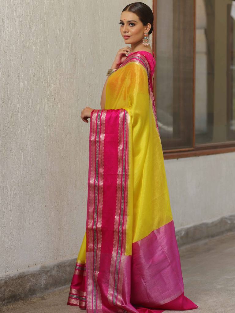 Banarasee Handwoven Semi Silk Plain Saree With Broad Zari & Contrast Border-Yellow & Pink