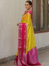 Banarasee Handwoven Semi Silk Plain Saree With Broad Zari & Contrast Border-Yellow & Pink