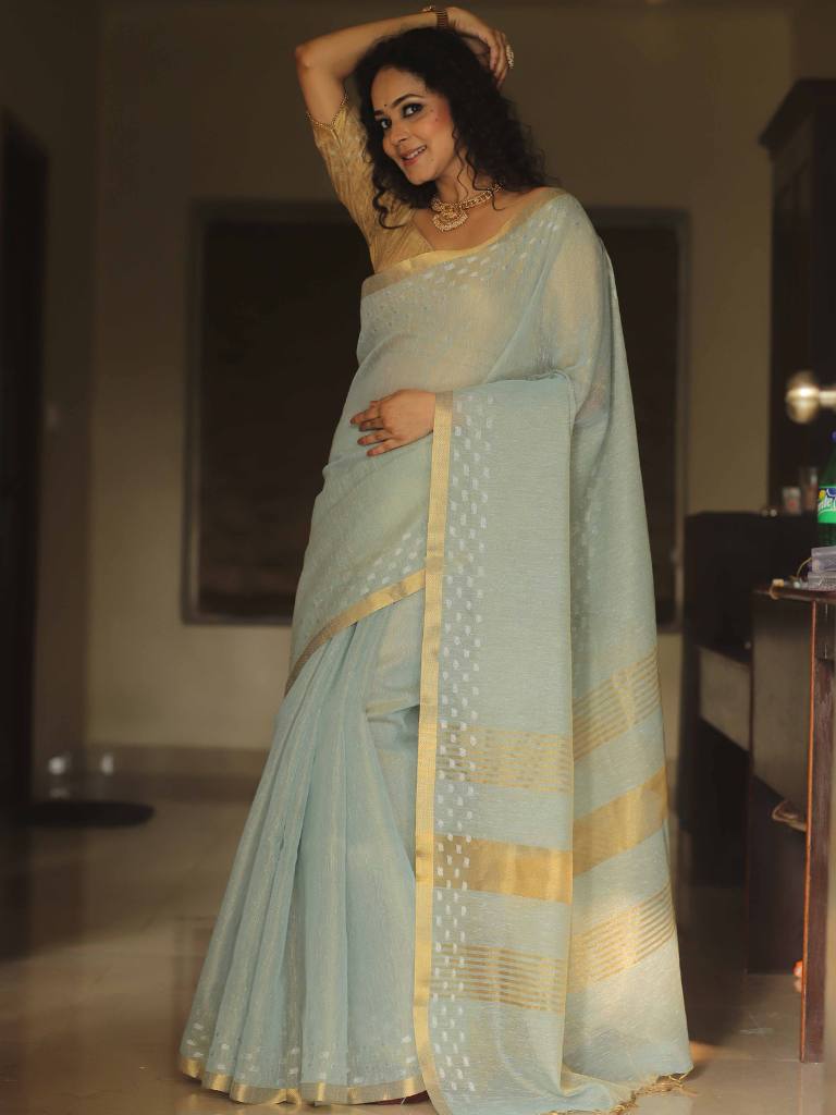 Banarasee Linen Tissue Sona Rupa Zari Work Saree-Light Blue