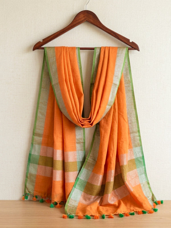 Bhagalpur Linen Cotton Dupatta With Stripe Pattern-Orange