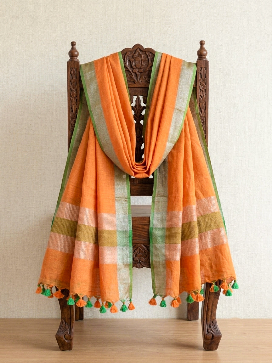 Bhagalpur Linen Cotton Dupatta With Stripe Pattern-Orange