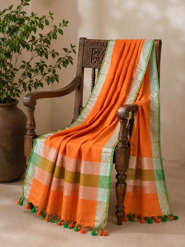 Bhagalpur Linen Cotton Dupatta With Stripe Pattern-Orange